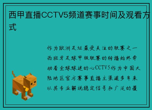 西甲直播CCTV5频道赛事时间及观看方式